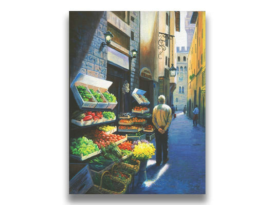 A painting of a Florence, Italy, street lined with produce stands. People stroll down the street. Printed on canvas.