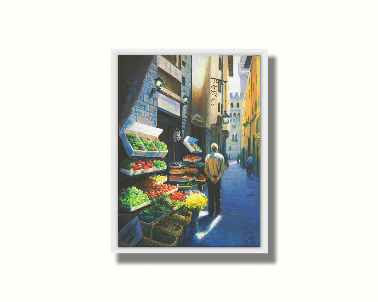 A painting of a Florence, Italy, street lined with produce stands. People stroll down the street. Printed on canvas in a float frame.