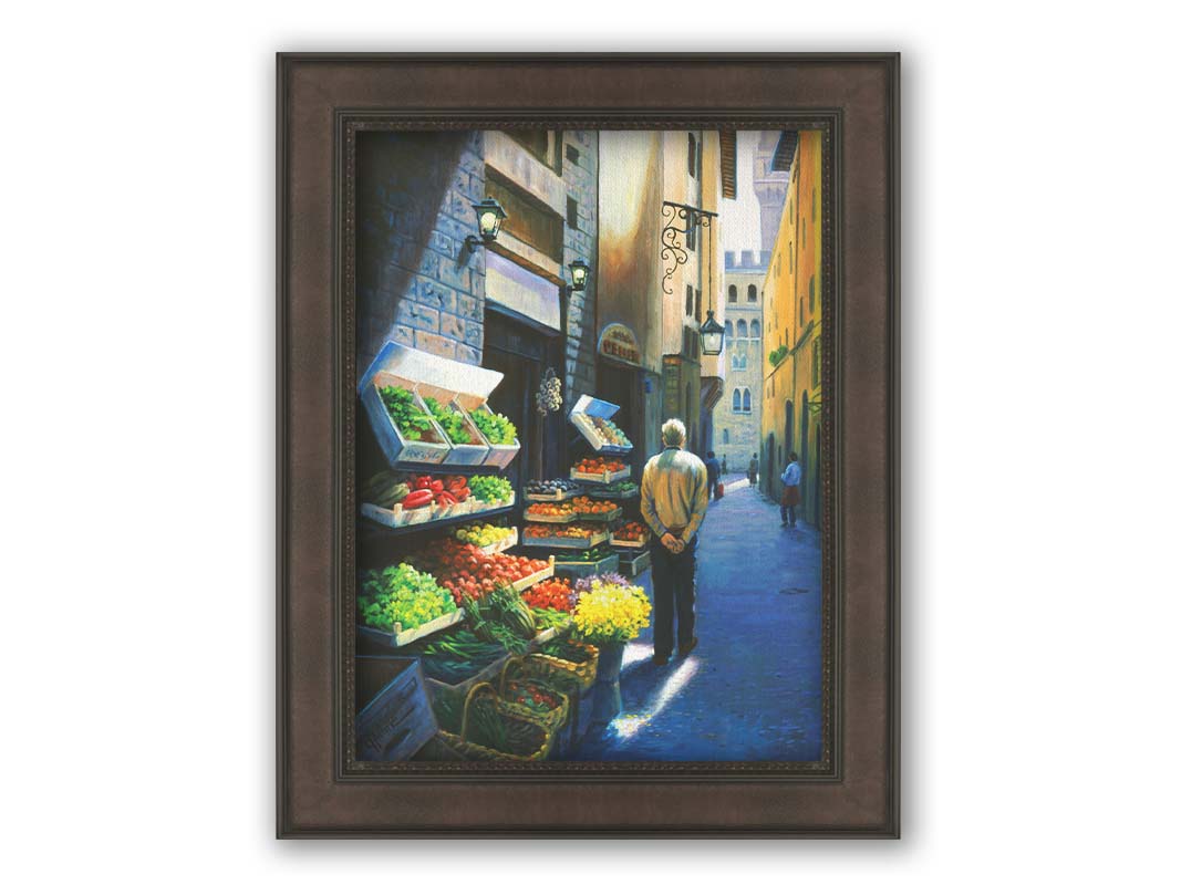 A painting of a Florence, Italy, street lined with produce stands. People stroll down the street. Printed on canvas and framed.