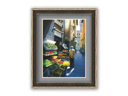 A painting of a Florence, Italy, street lined with produce stands. People stroll down the street. Printed on paper, matted, and framed.