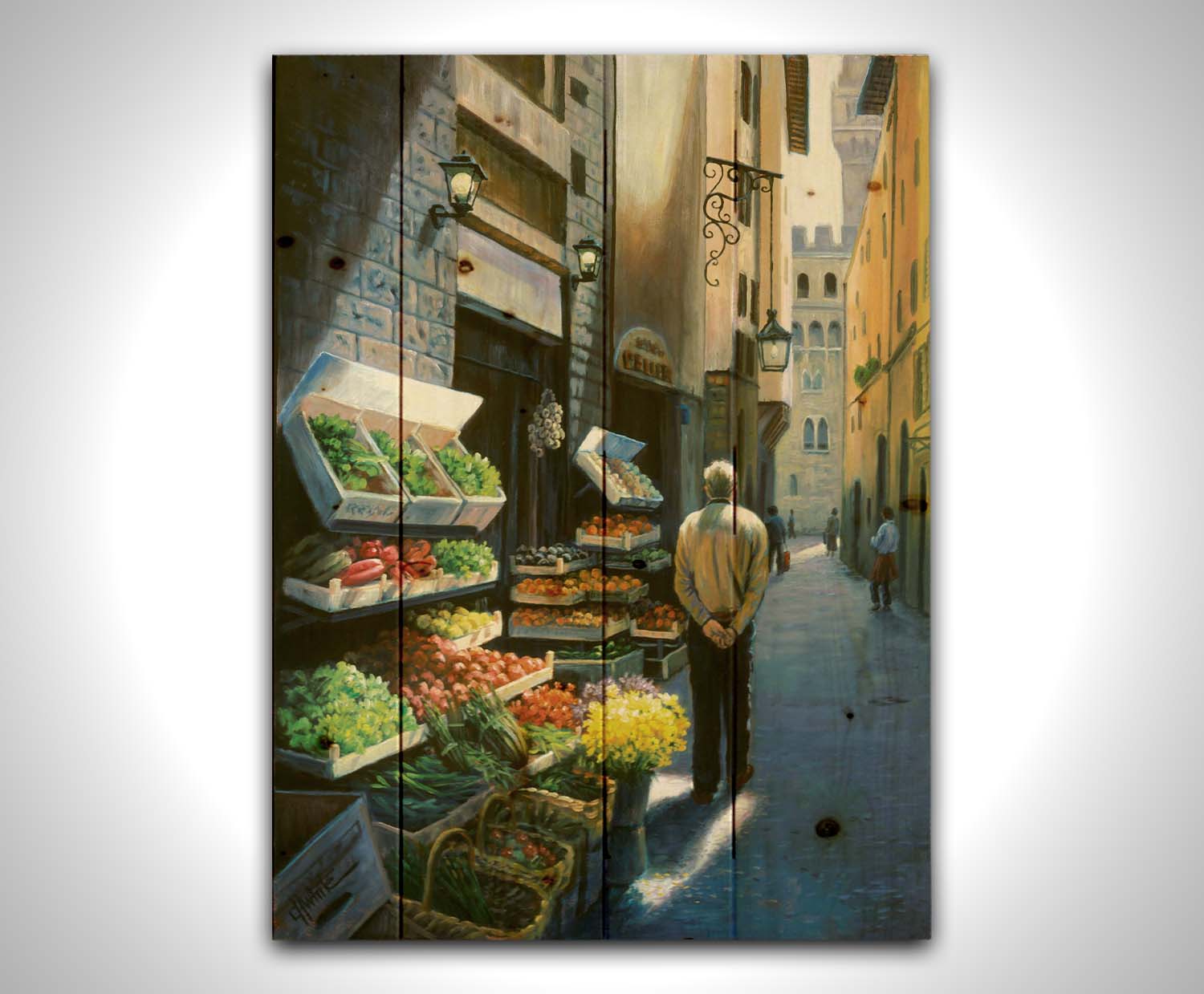 A painting of a Florence, Italy, street lined with produce stands. People stroll down the street. Printed on a wood pallet.