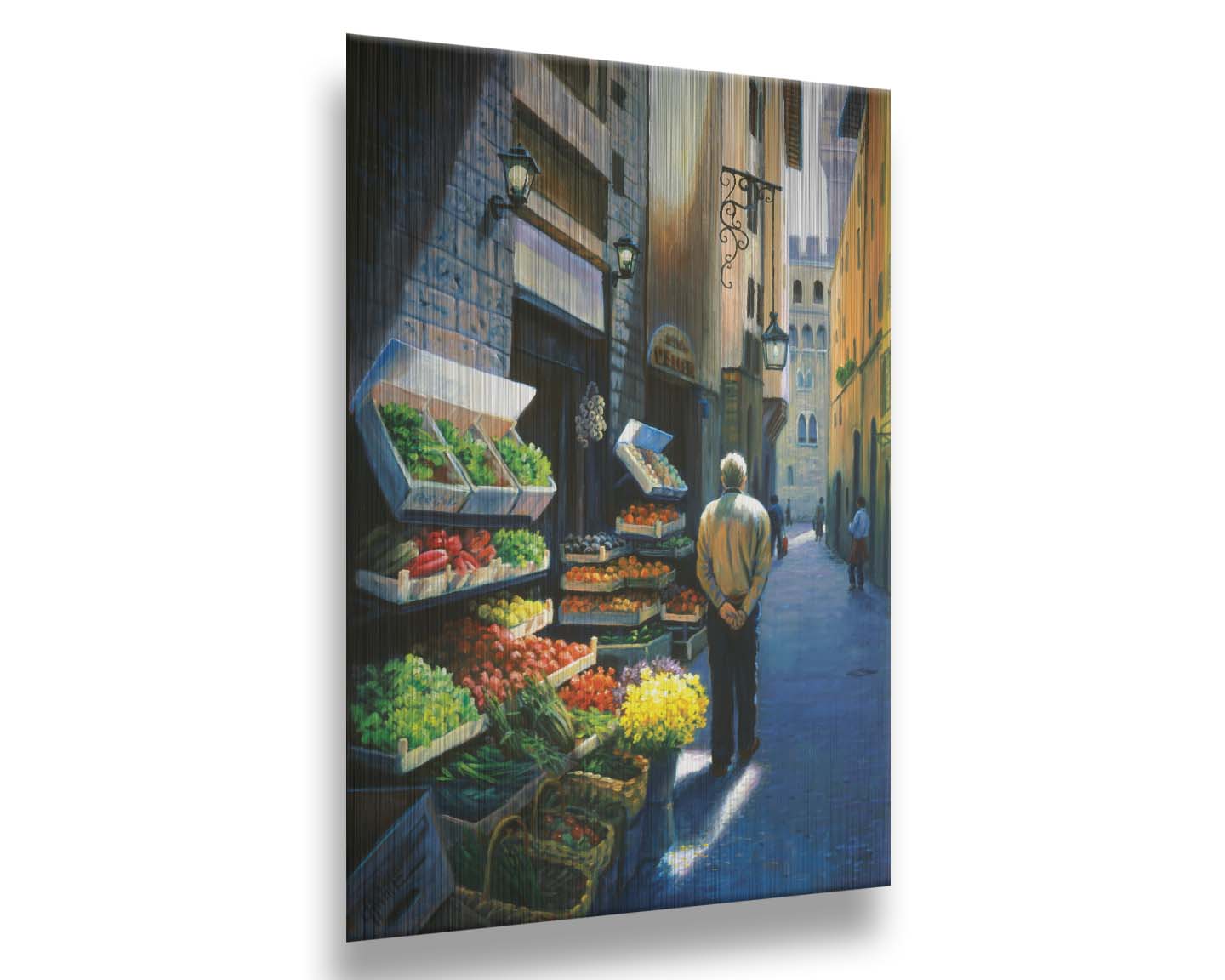 A painting of a Florence, Italy, street lined with produce stands. People stroll down the street. Printed on metal.