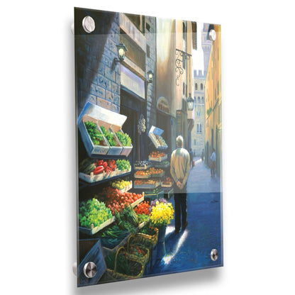 A painting of a Florence, Italy, street lined with produce stands. People stroll down the street. Printed on acrylic.