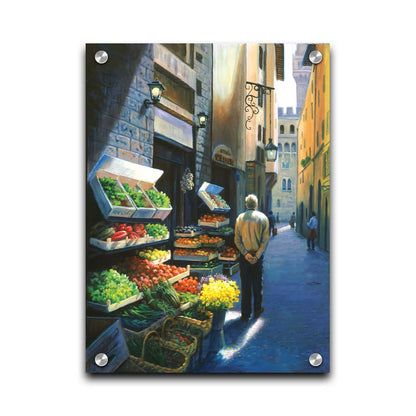 A painting of a Florence, Italy, street lined with produce stands. People stroll down the street. Printed on acrylic.