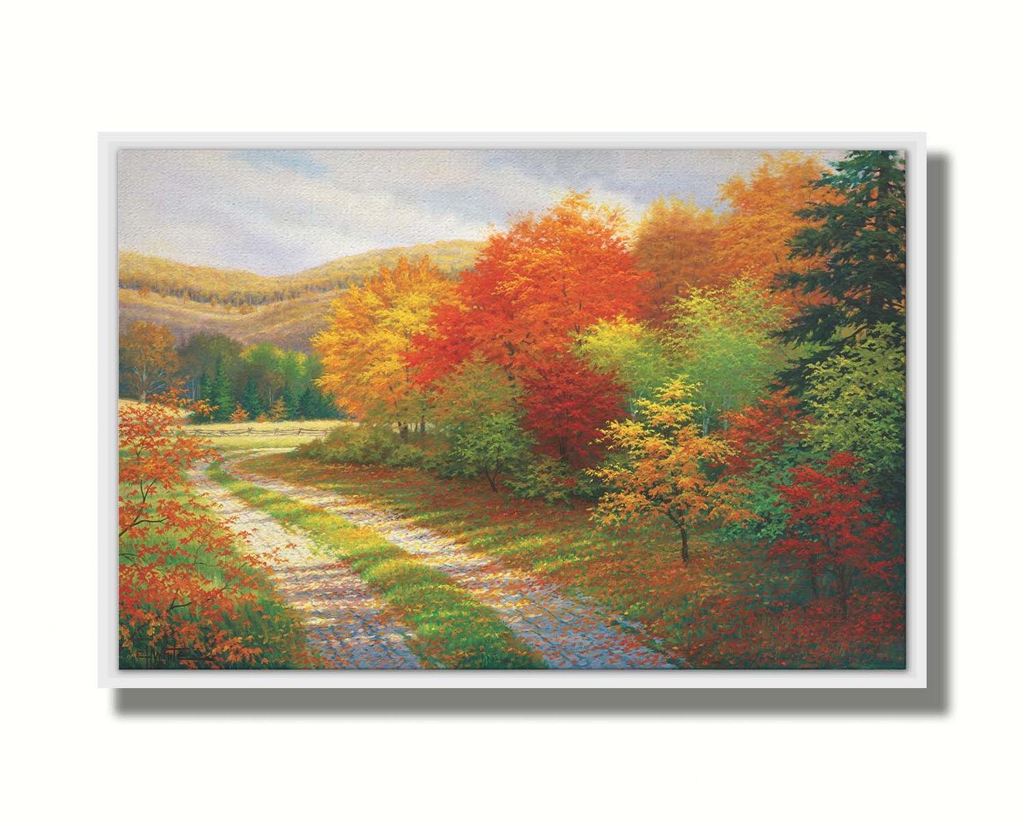 A painting of a forest in autumn, cut through by a gravel road curving into the distant fields and hills. Printed on canvas in a float frame.