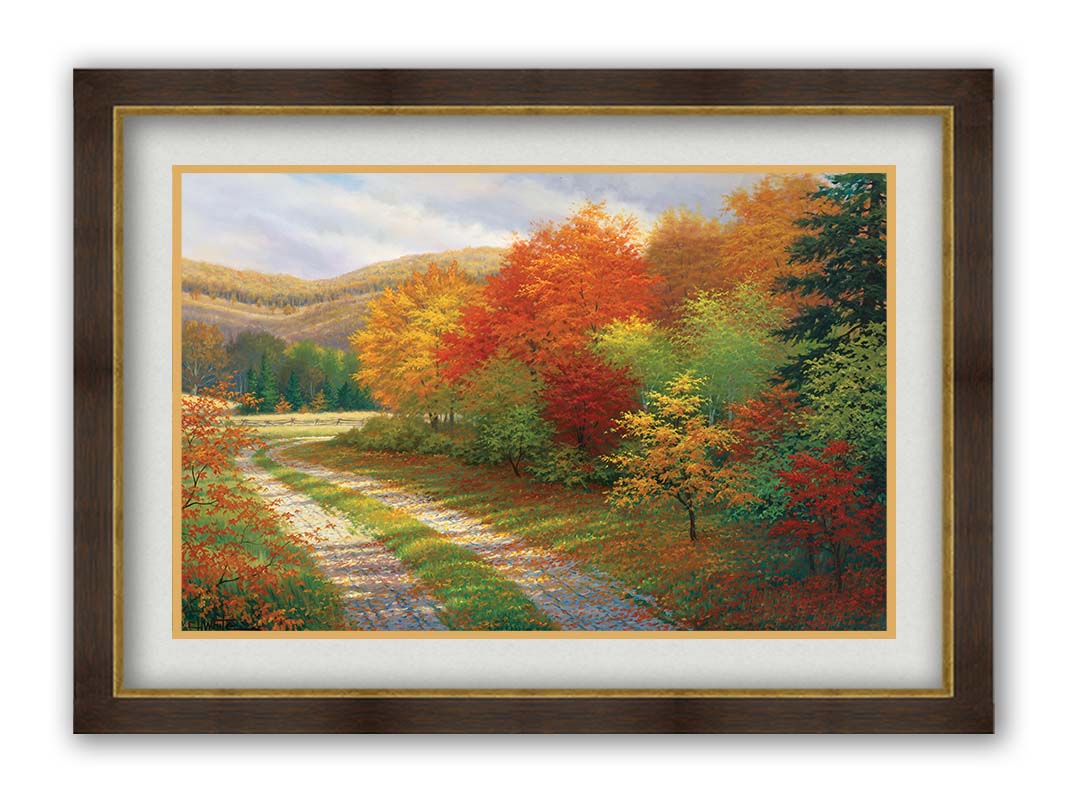 A painting of a forest in autumn, cut through by a gravel road curving into the distant fields and hills. Printed on paper, matted, and framed.