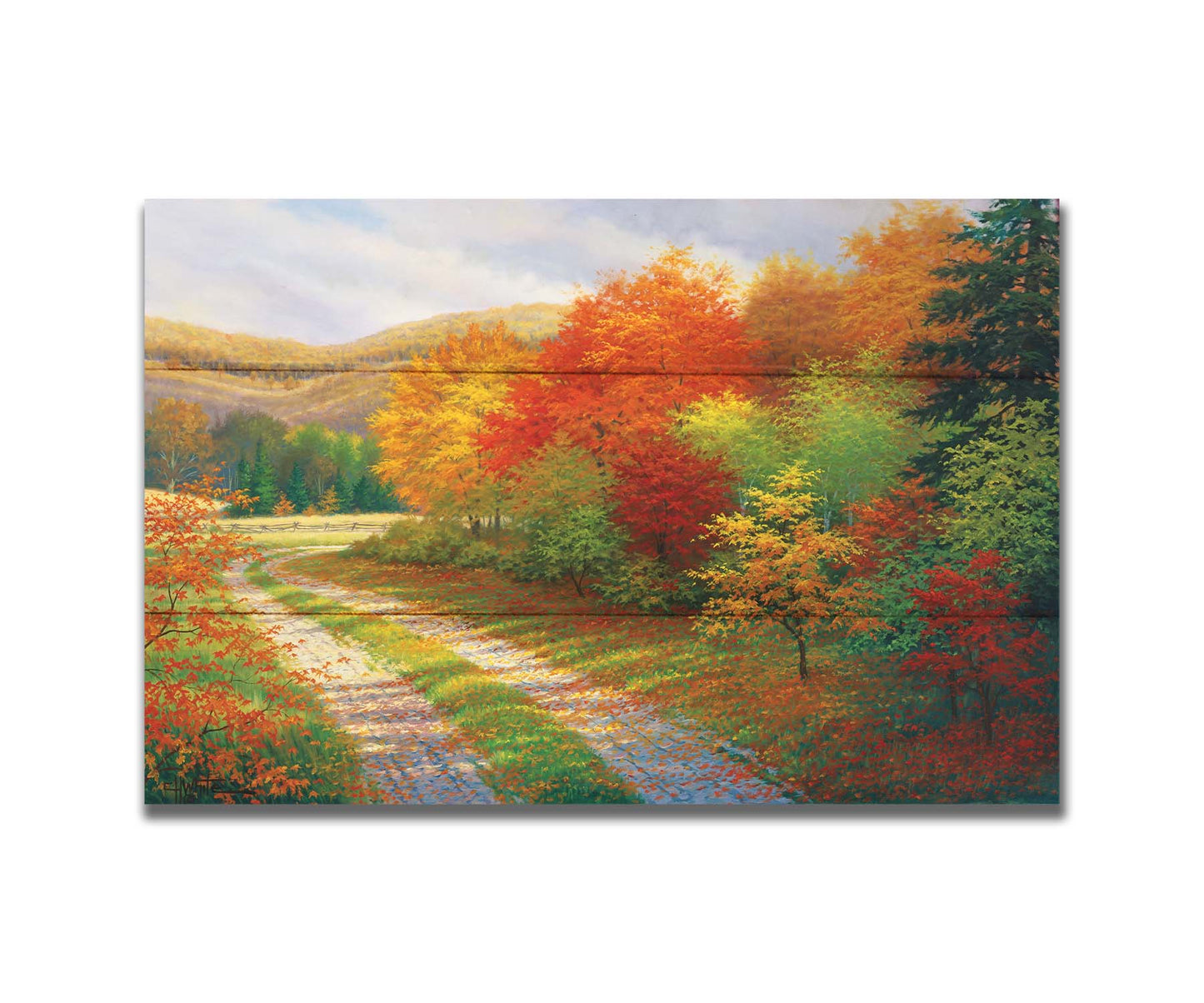 A painting of a forest in autumn, cut through by a gravel road curving into the distant fields and hills. Printed on a box board.