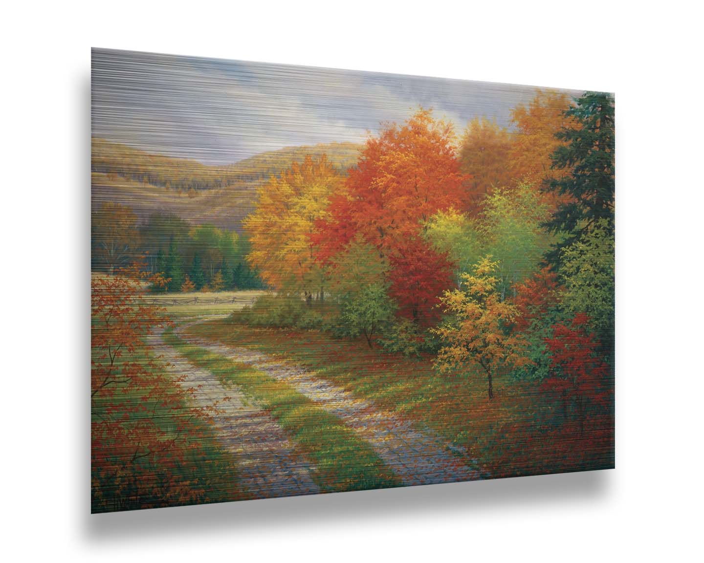 A painting of a forest in autumn, cut through by a gravel road curving into the distant fields and hills. Printed on metal.