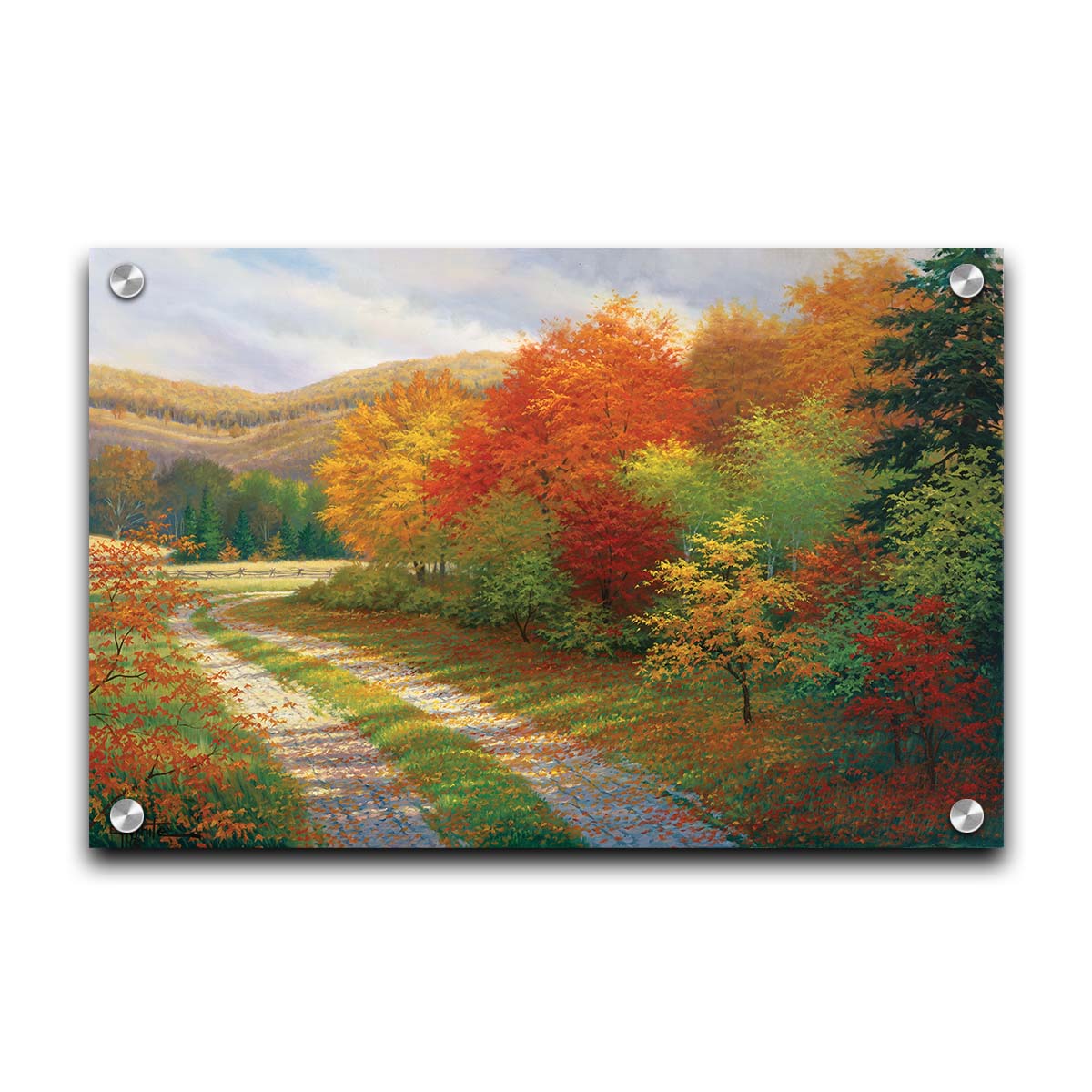 A painting of a forest in autumn, cut through by a gravel road curving into the distant fields and hills. Printed on acrylic.