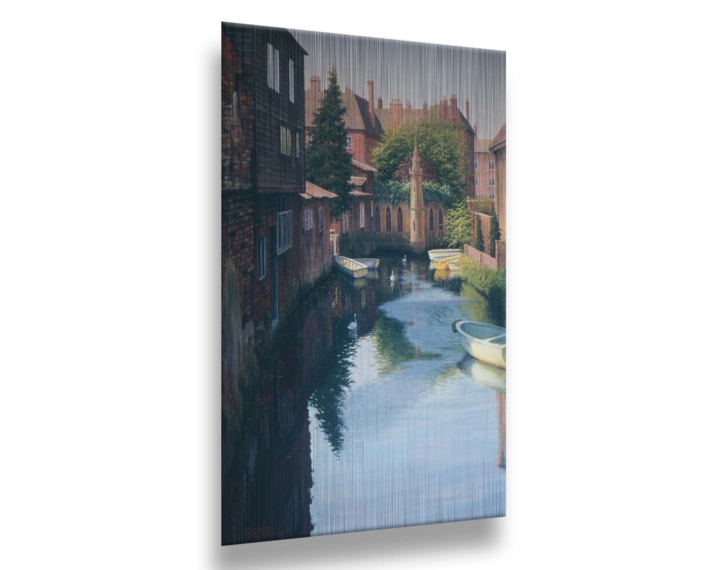 A painting of a canal in Canterbury in Kent, England. A few small row boats are docked along the waterway between historic red brick buildings. Printed on metal.