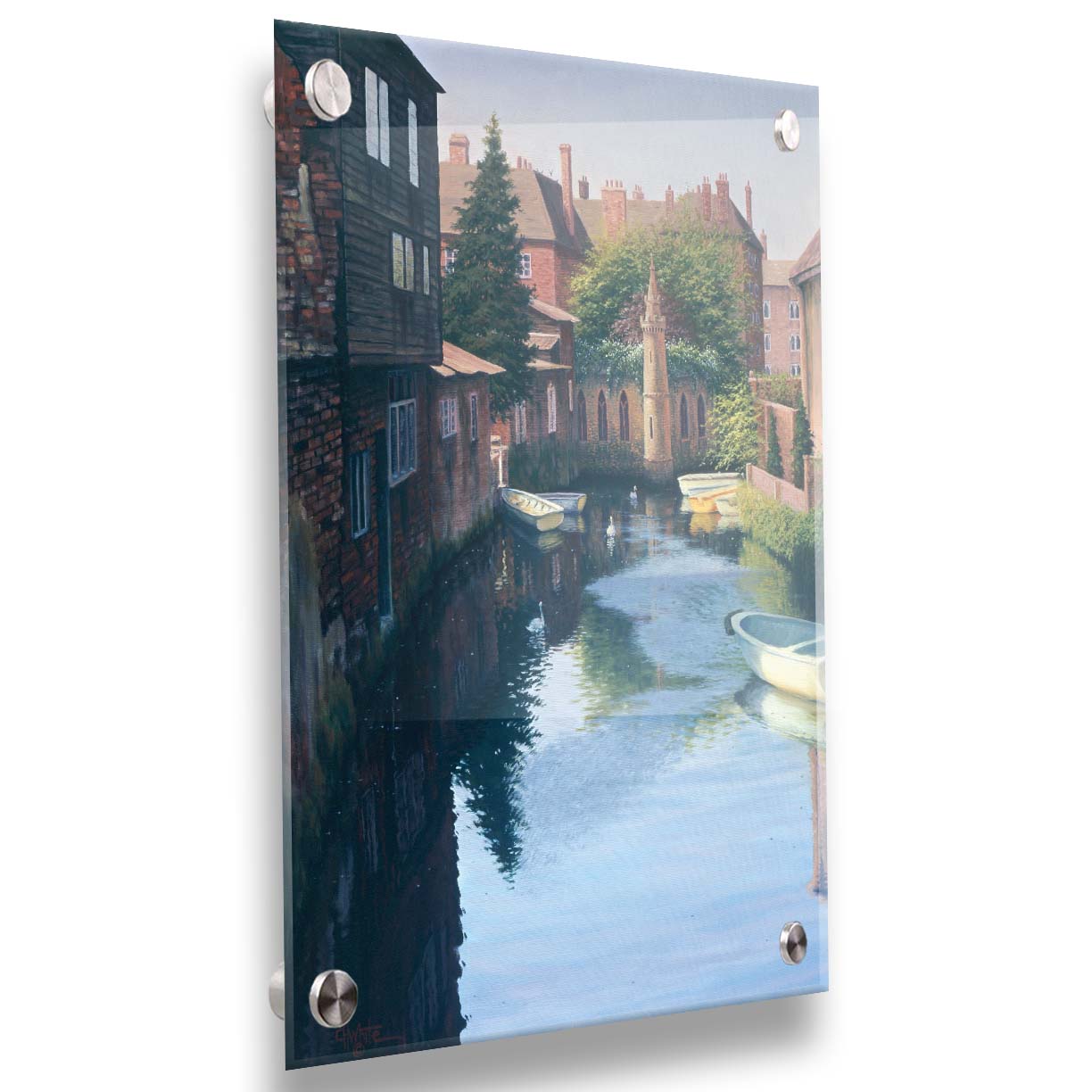 A painting of a canal in Canterbury in Kent, England. A few small row boats are docked along the waterway between historic red brick buildings. Printed on acrylic.