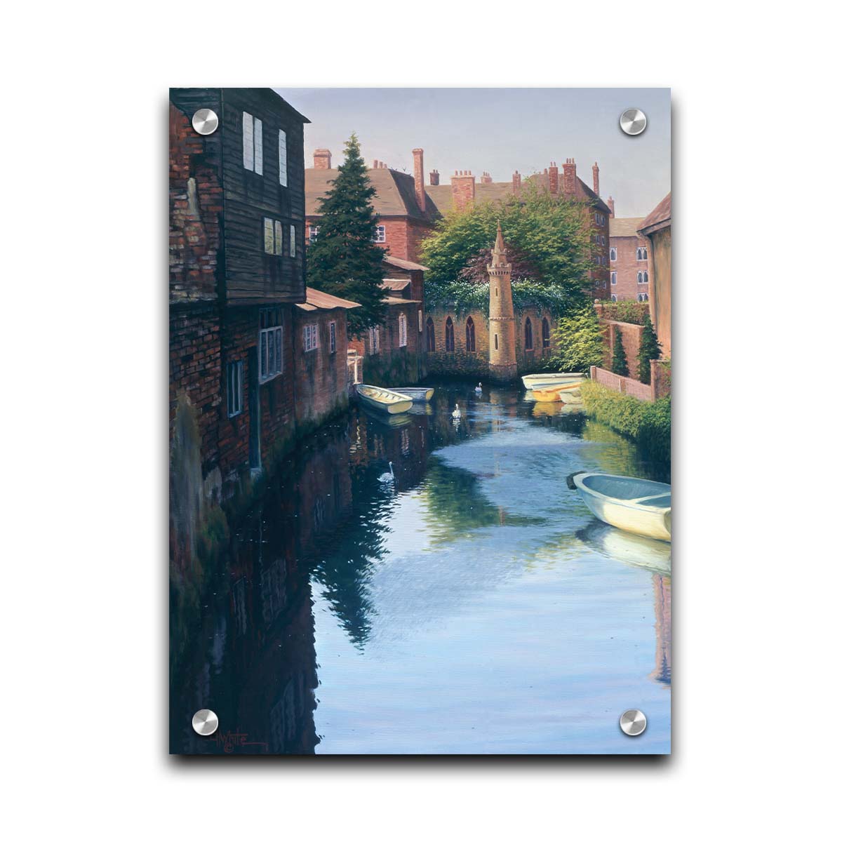 A painting of a canal in Canterbury in Kent, England. A few small row boats are docked along the waterway between historic red brick buildings. Printed on acrylic.