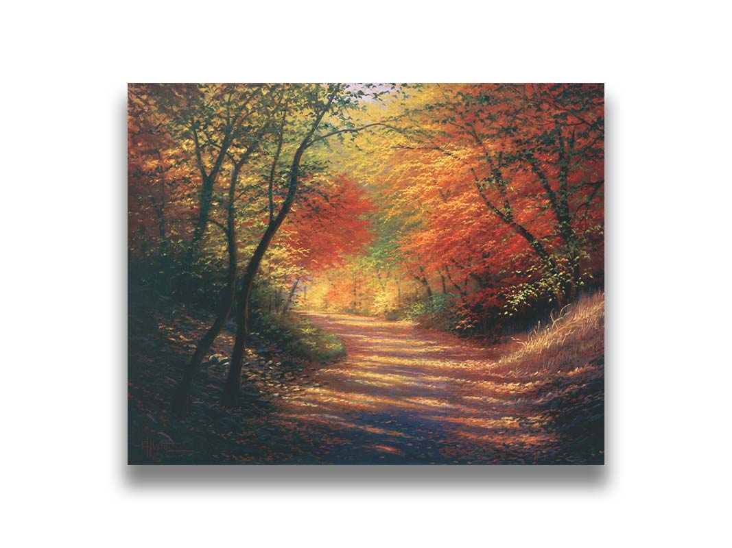 A painting of a path through the woods in autumn, with orange leaves falling onto the road. Printed on canvas.