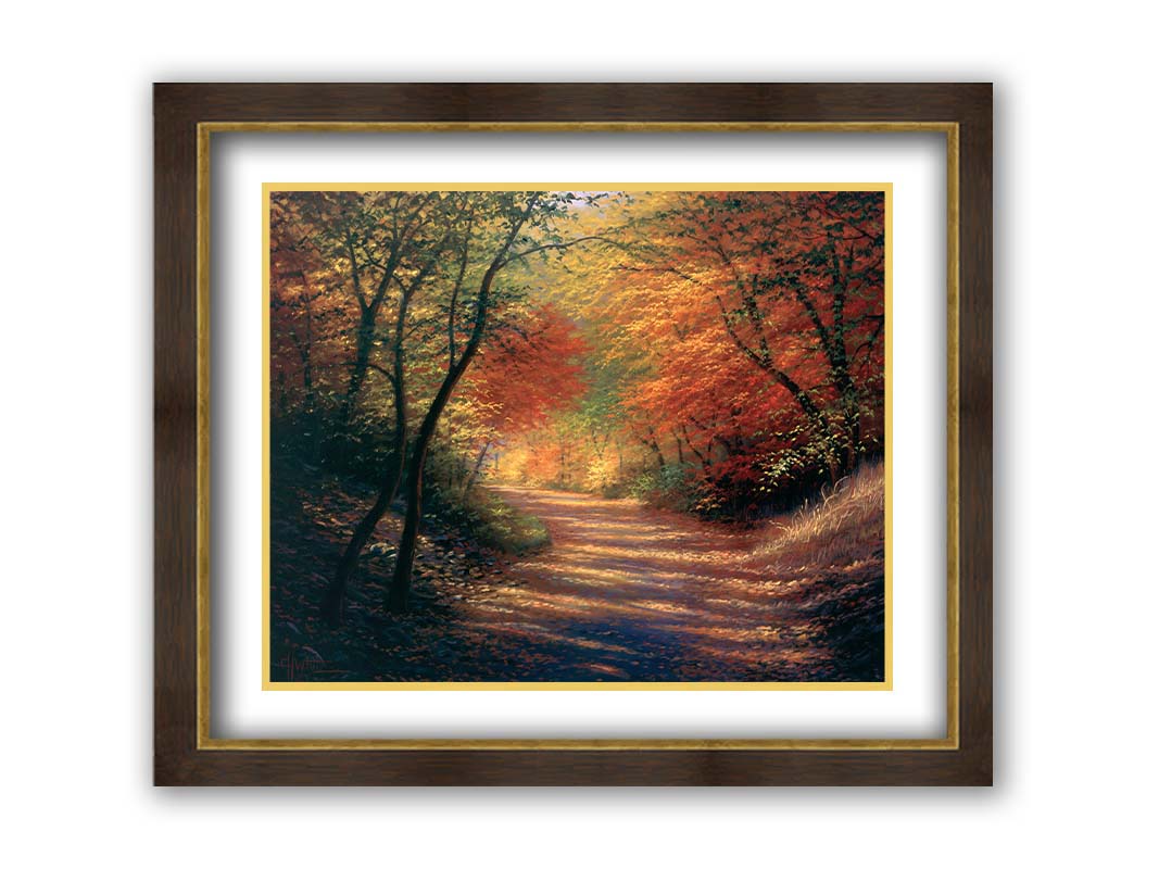 A painting of a path through the woods in autumn, with orange leaves falling onto the road. Printed on paper, matted, and framed.