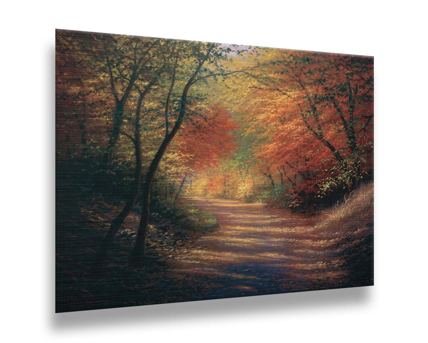 A painting of a path through the woods in autumn, with orange leaves falling onto the road. Printed on metal.