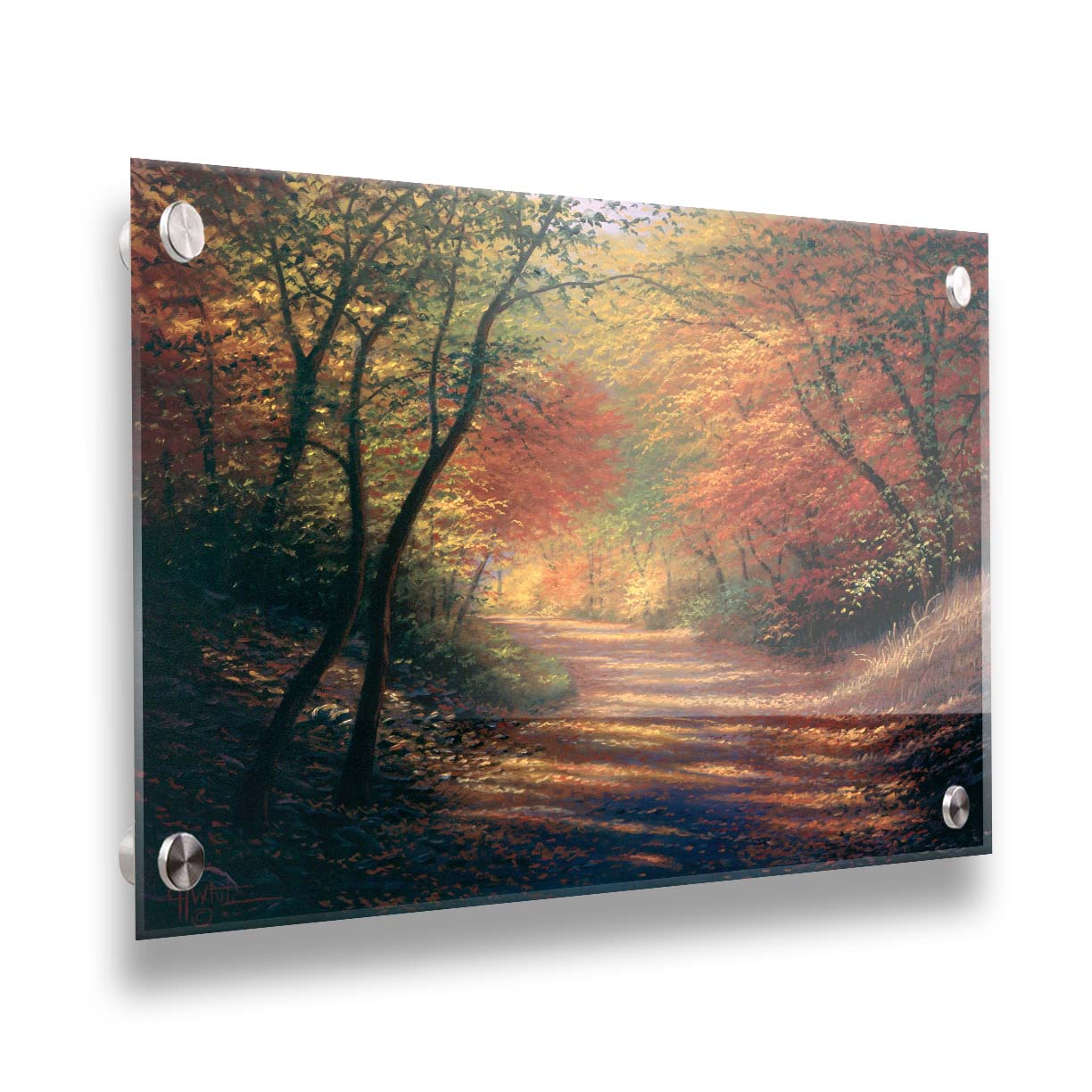 A painting of a path through the woods in autumn, with orange leaves falling onto the road. Printed on acrylic.