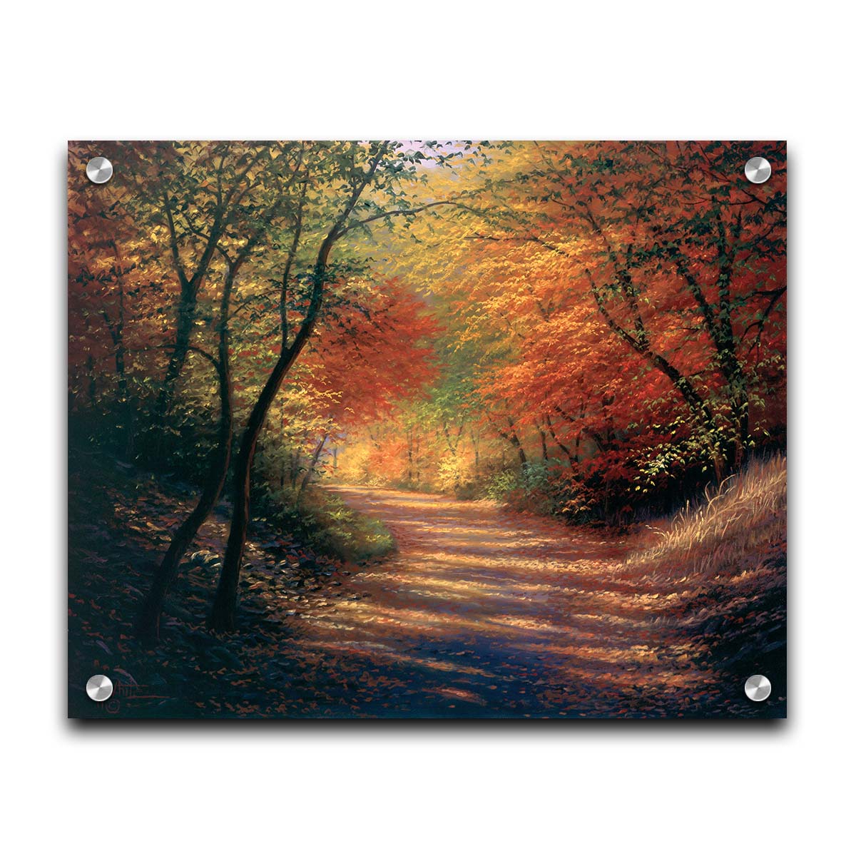 A painting of a path through the woods in autumn, with orange leaves falling onto the road. Printed on acrylic.