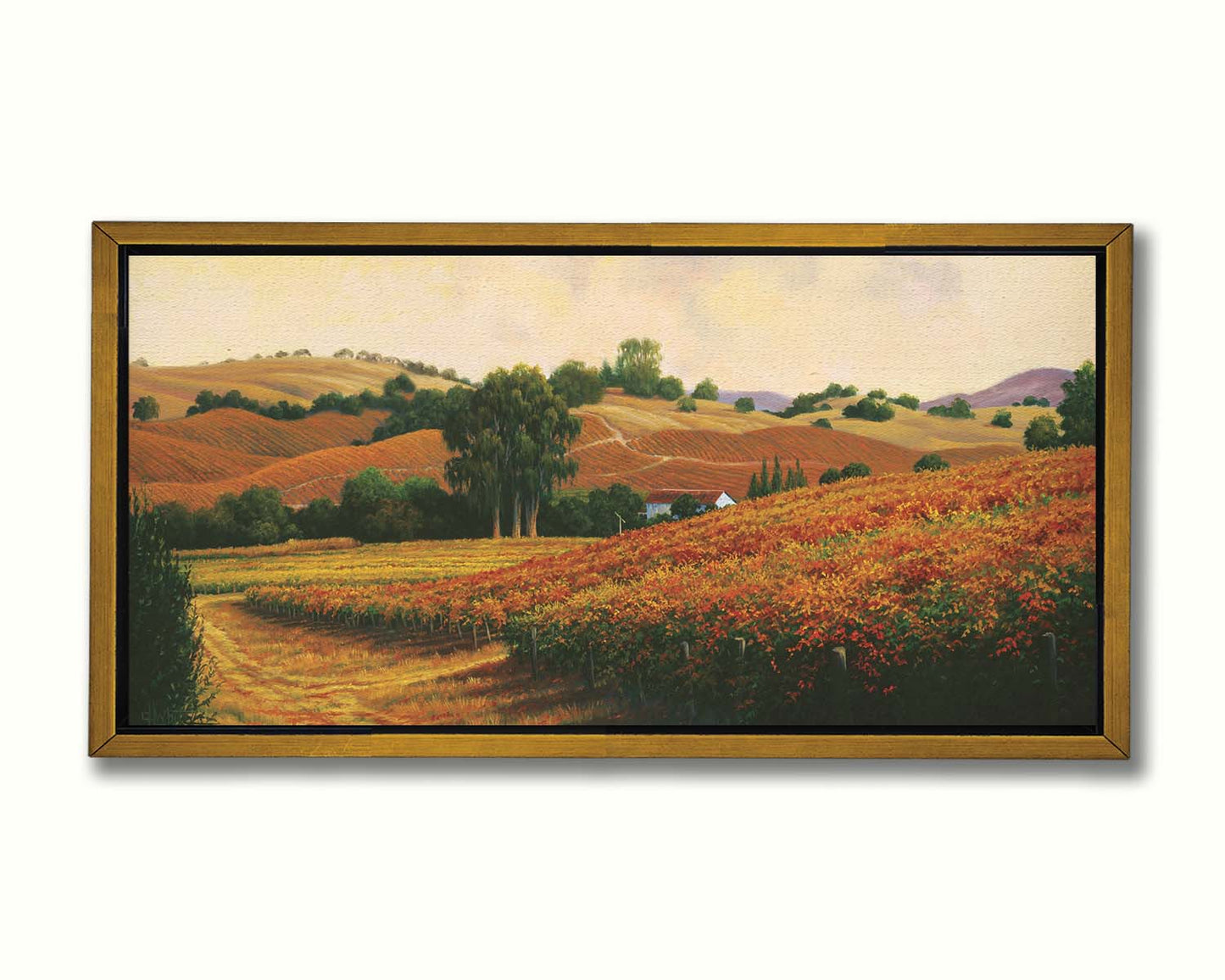 A painting of the Carneros Wine Company Vineyards in Napa, California during autumn. The oranges and yellows of the vineyard are contrasted by the deep green of the trees. Printed on canvas in a float frame.