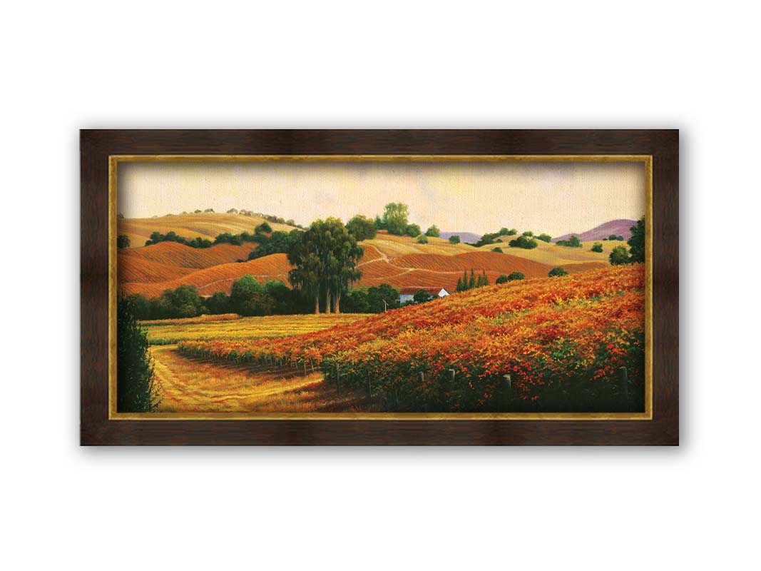 A painting of the Carneros Wine Company Vineyards in Napa, California during autumn. The oranges and yellows of the vineyard are contrasted by the deep green of the trees. Printed on canvas and framed.