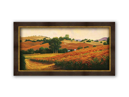 A painting of the Carneros Wine Company Vineyards in Napa, California during autumn. The oranges and yellows of the vineyard are contrasted by the deep green of the trees. Printed on canvas and framed.