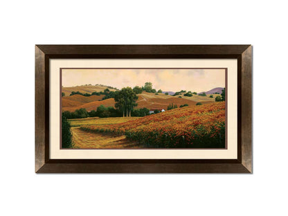 A painting of the Carneros Wine Company Vineyards in Napa, California during autumn. The oranges and yellows of the vineyard are contrasted by the deep green of the trees. Printed on paper, matted, and framed.