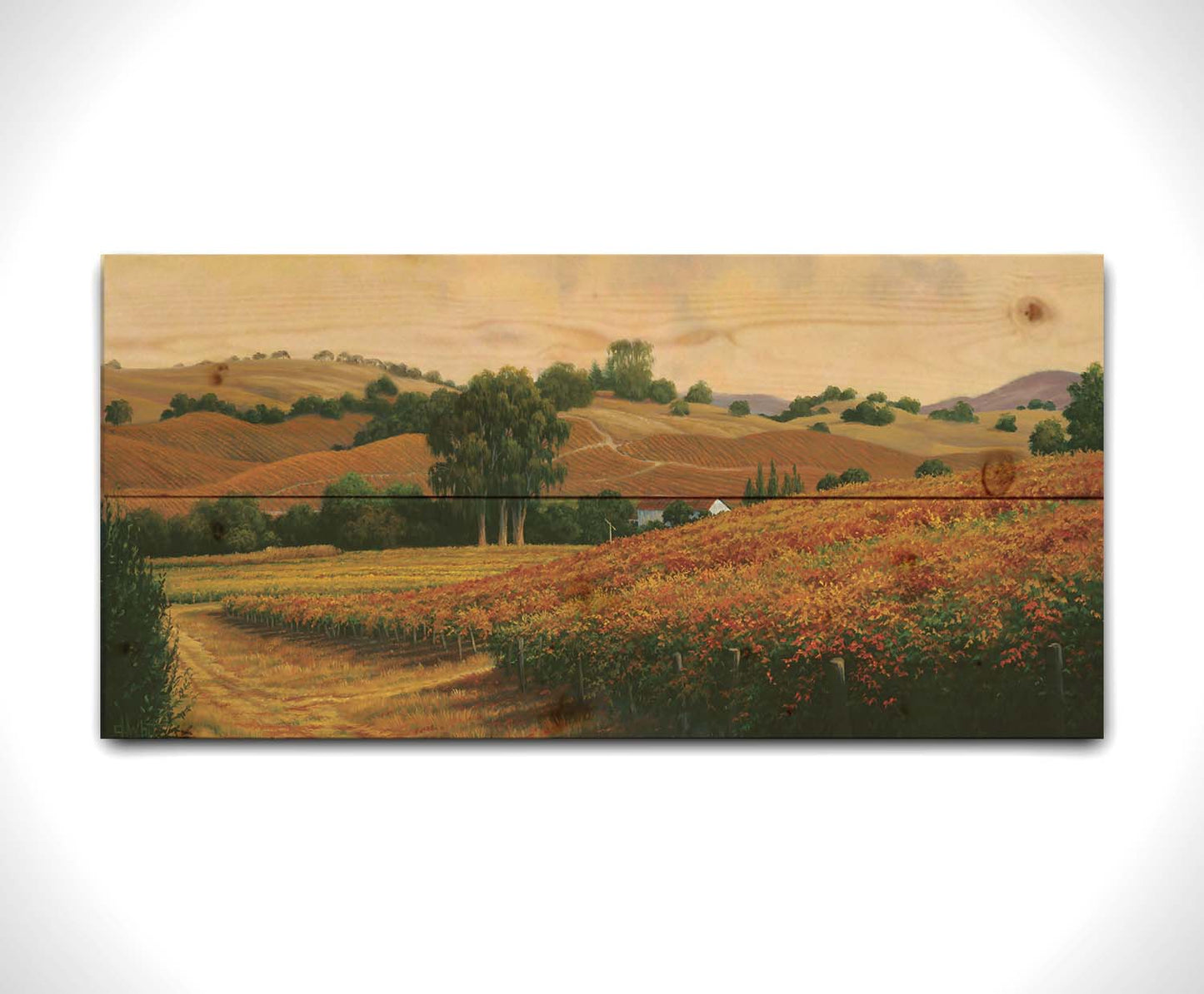 A painting of the Carneros Wine Company Vineyards in Napa, California during autumn. The oranges and yellows of the vineyard are contrasted by the deep green of the trees. Printed on a wood pallet.