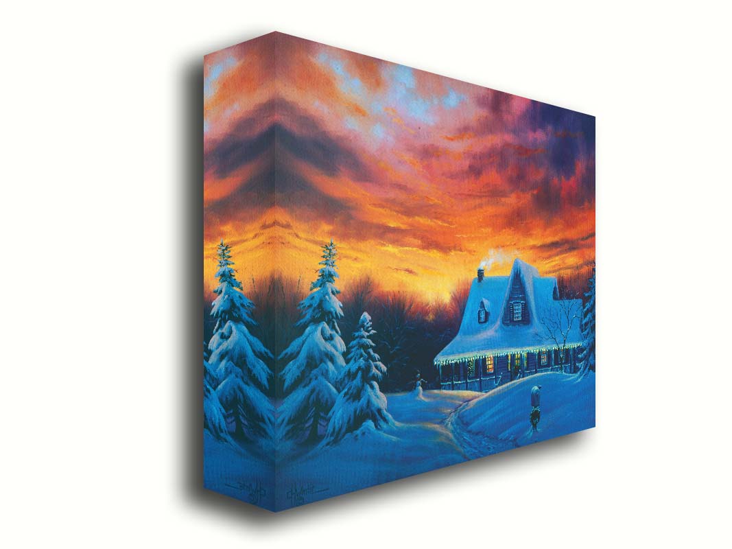 A painting of a house, decorated for Christmas, covered in and surrounded by snow. The sun sets in the background, warming the scene in spite of the weather. Printed on canvas.