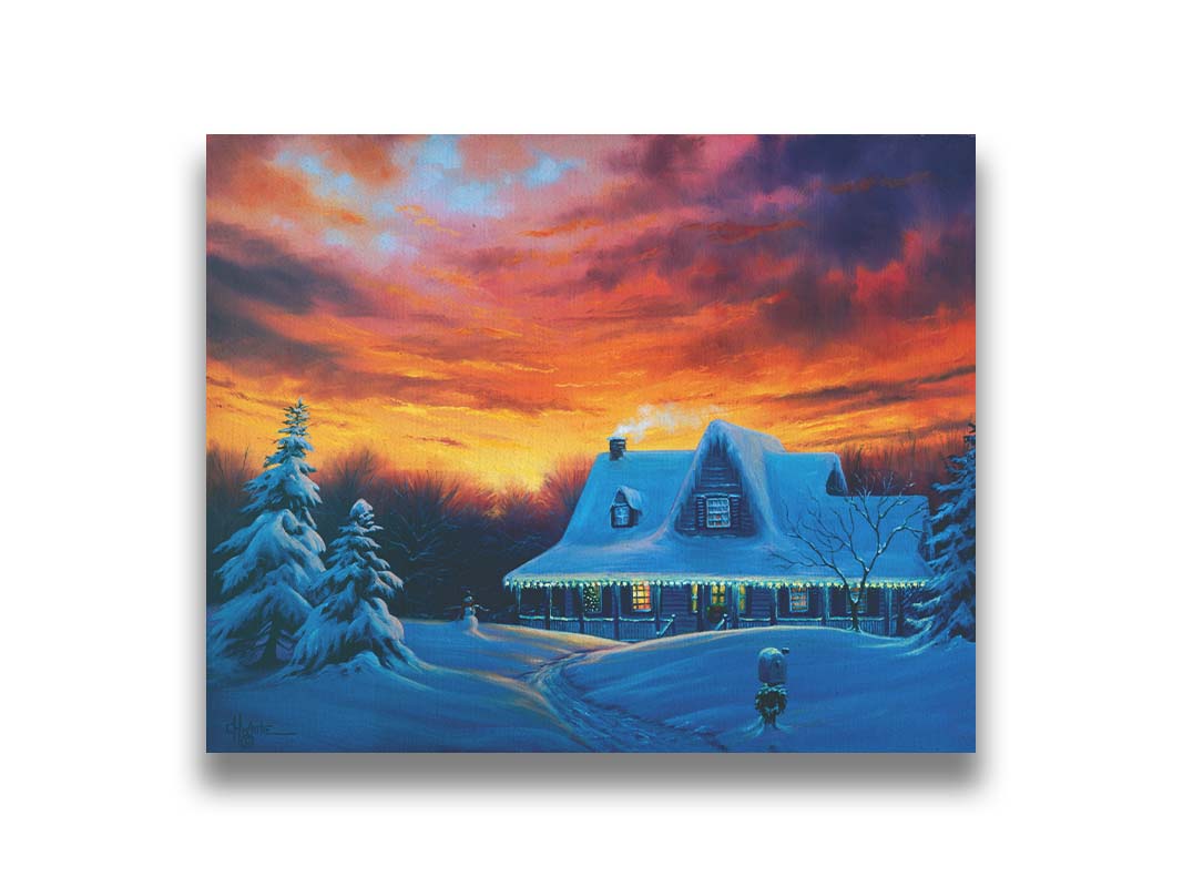 A painting of a house, decorated for Christmas, covered in and surrounded by snow. The sun sets in the background, warming the scene in spite of the weather. Printed on canvas.