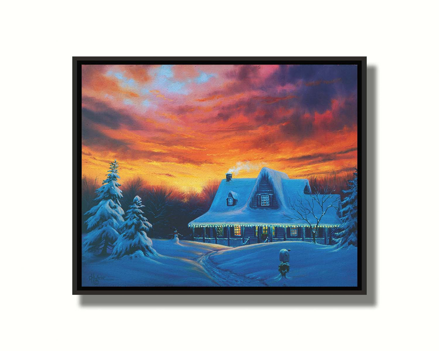 A painting of a house, decorated for Christmas, covered in and surrounded by snow. The sun sets in the background, warming the scene in spite of the weather. Printed on canvas in a float frame.