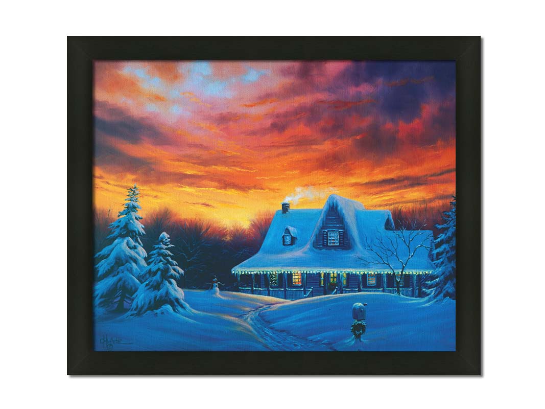 A painting of a house, decorated for Christmas, covered in and surrounded by snow. The sun sets in the background, warming the scene in spite of the weather. Printed on canvas and framed.