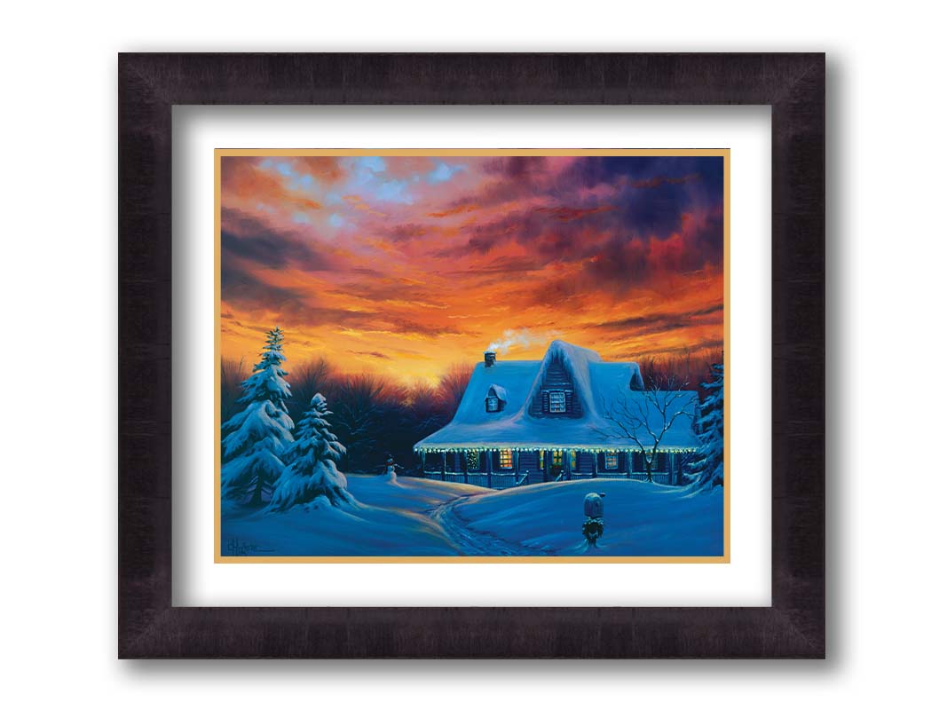 A painting of a house, decorated for Christmas, covered in and surrounded by snow. The sun sets in the background, warming the scene in spite of the weather. Printed on paper, matted, and framed.