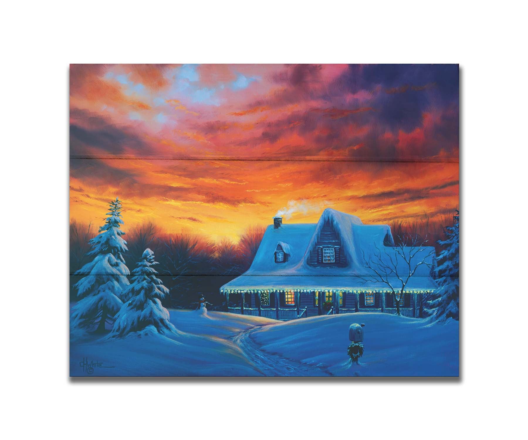 A painting of a house, decorated for Christmas, covered in and surrounded by snow. The sun sets in the background, warming the scene in spite of the weather. Printed on a box board.