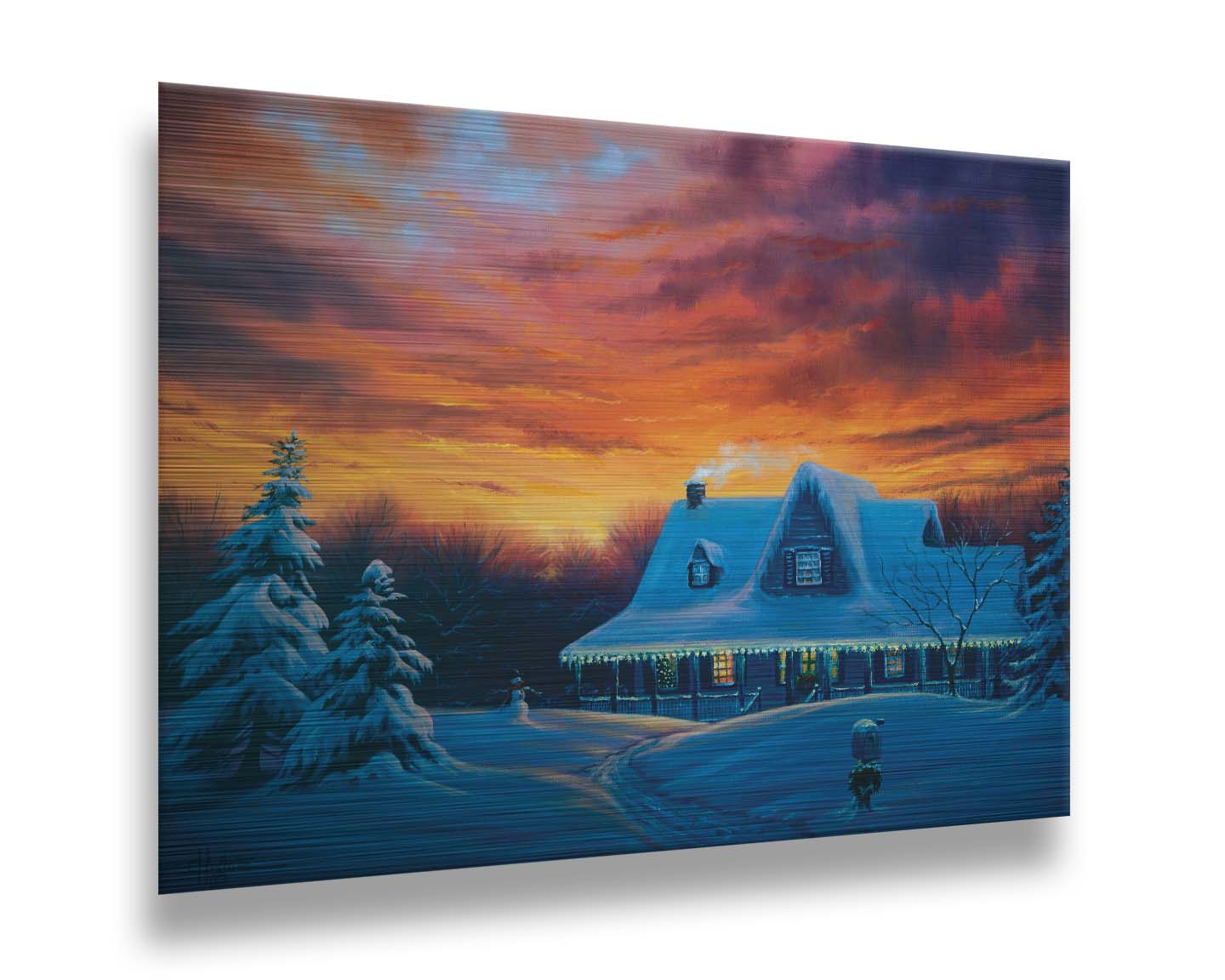 A painting of a house, decorated for Christmas, covered in and surrounded by snow. The sun sets in the background, warming the scene in spite of the weather. Printed on metal.