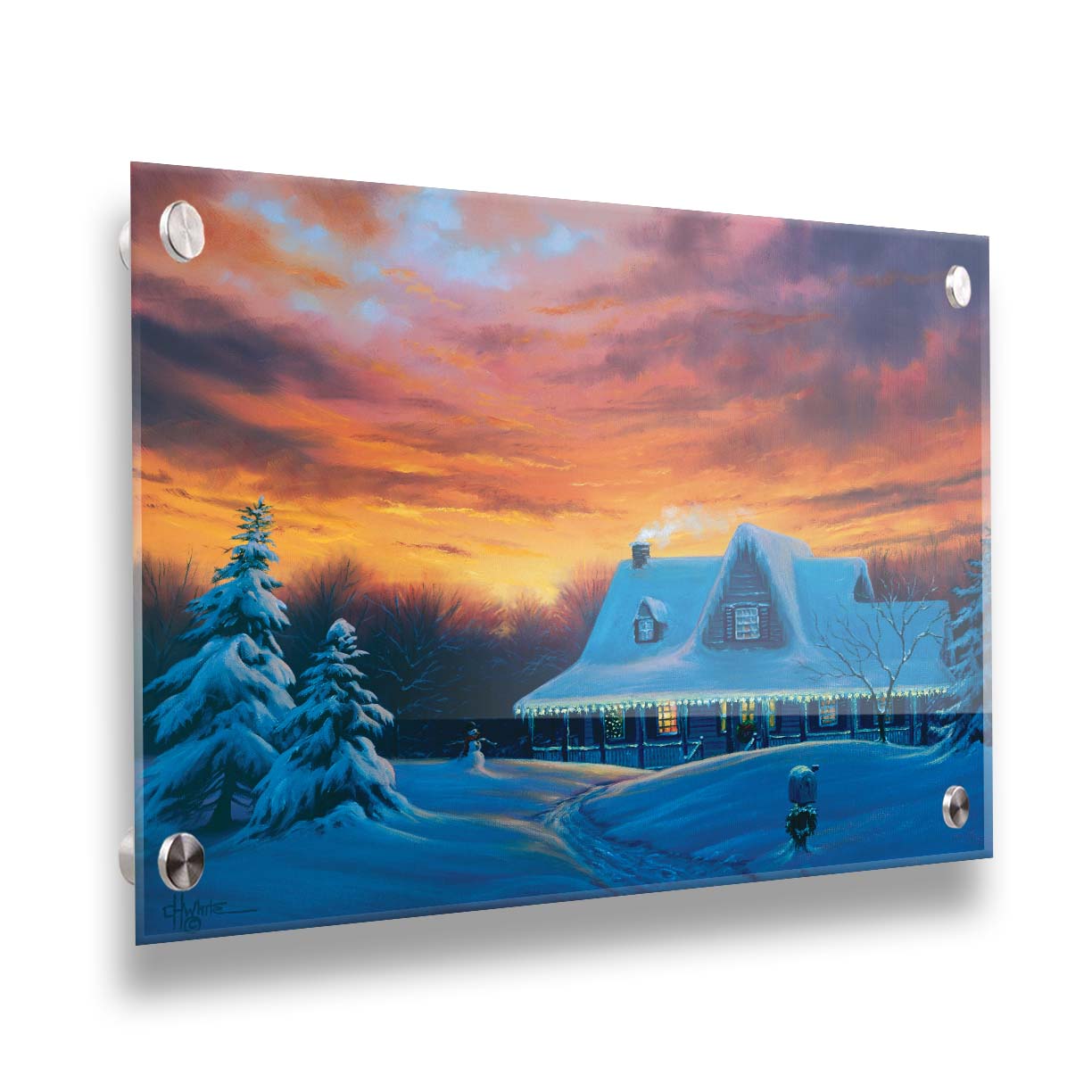 A painting of a house, decorated for Christmas, covered in and surrounded by snow. The sun sets in the background, warming the scene in spite of the weather. Printed on acrylic.