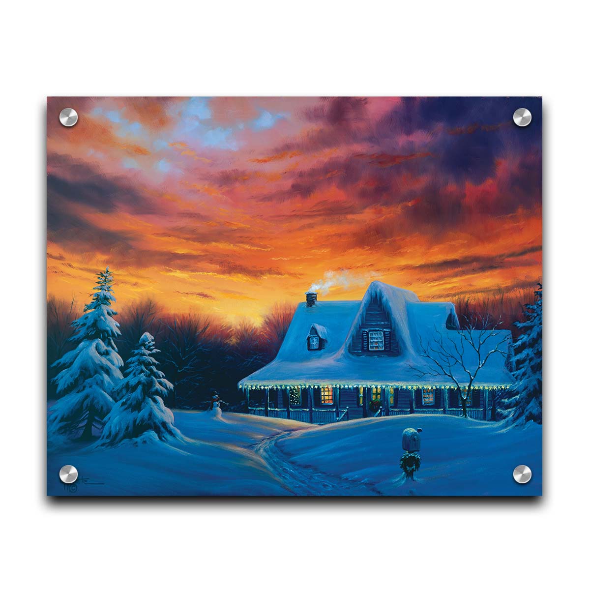 A painting of a house, decorated for Christmas, covered in and surrounded by snow. The sun sets in the background, warming the scene in spite of the weather. Printed on acrylic.