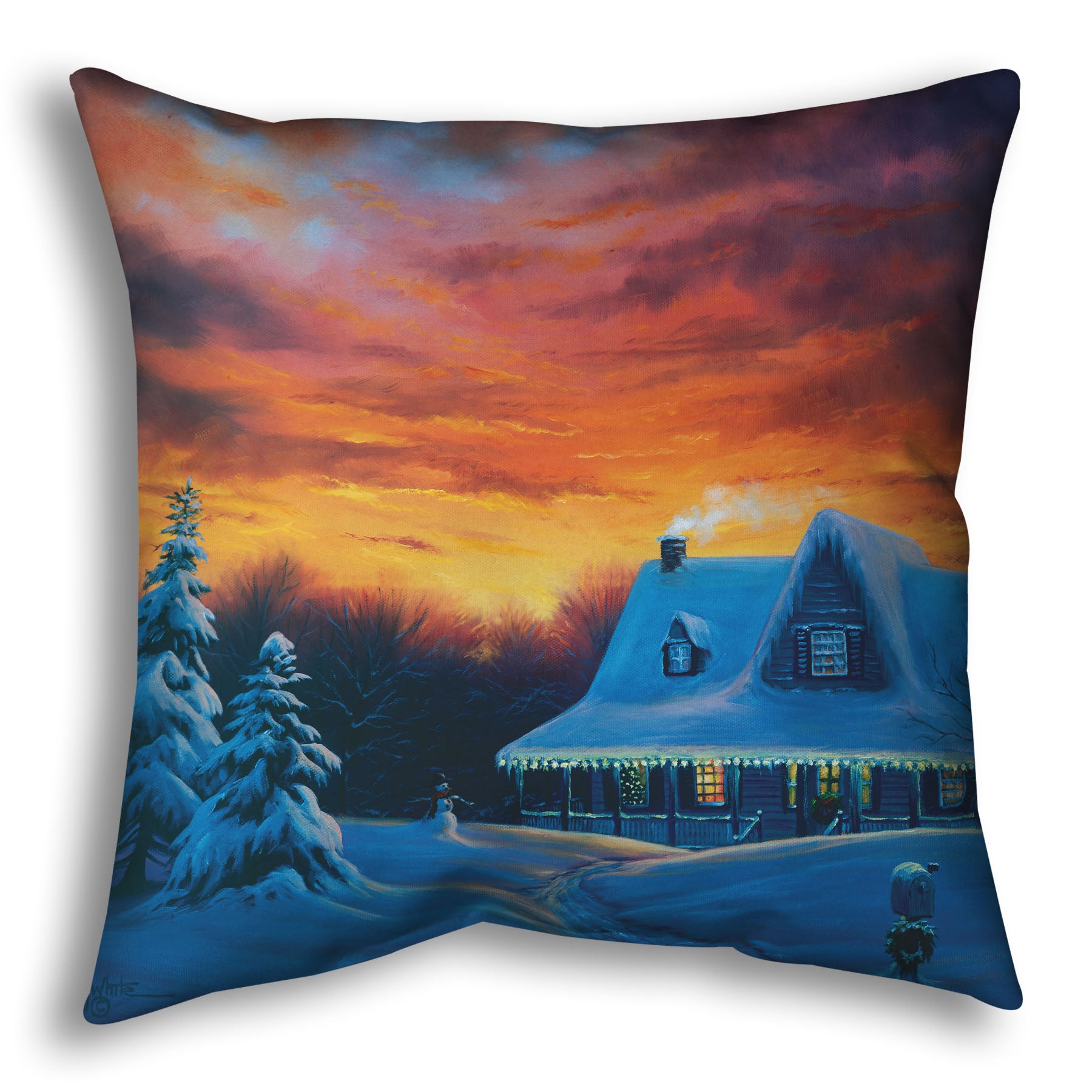A throw pillow designed with a painting of a house, decorated for Christmas, covered in and surrounded by snow.