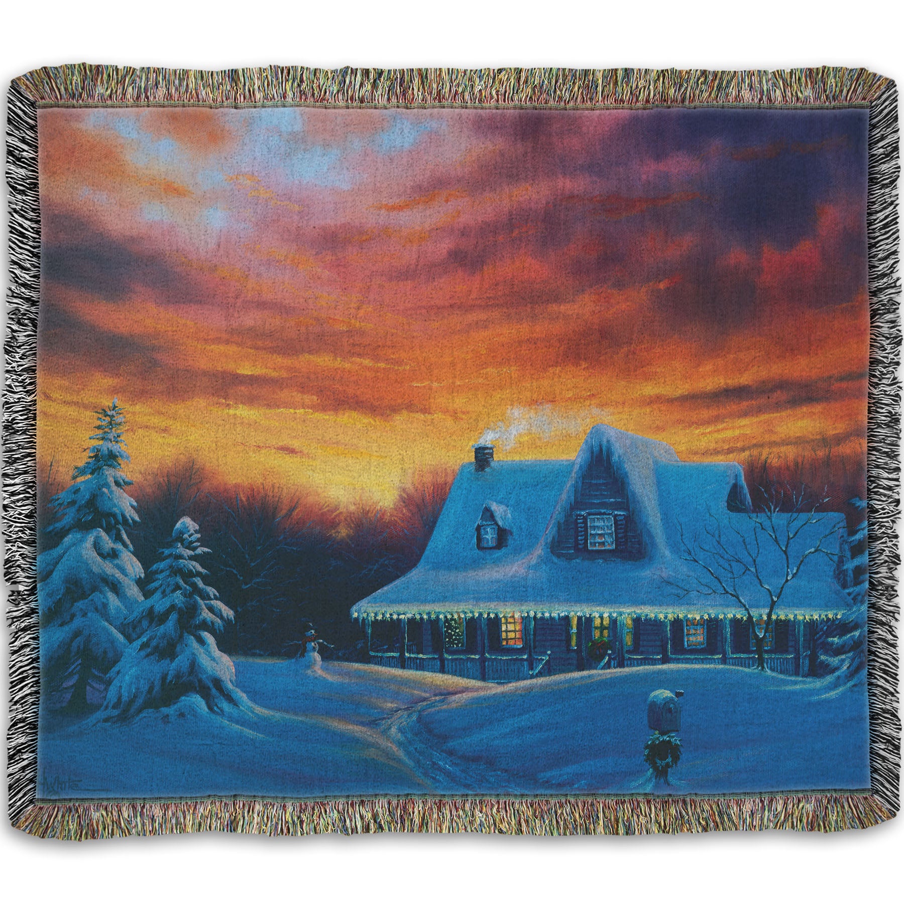 A woven throw blanket designed with a painting of a house, decorated for Christmas, covered in and surrounded by snow.
