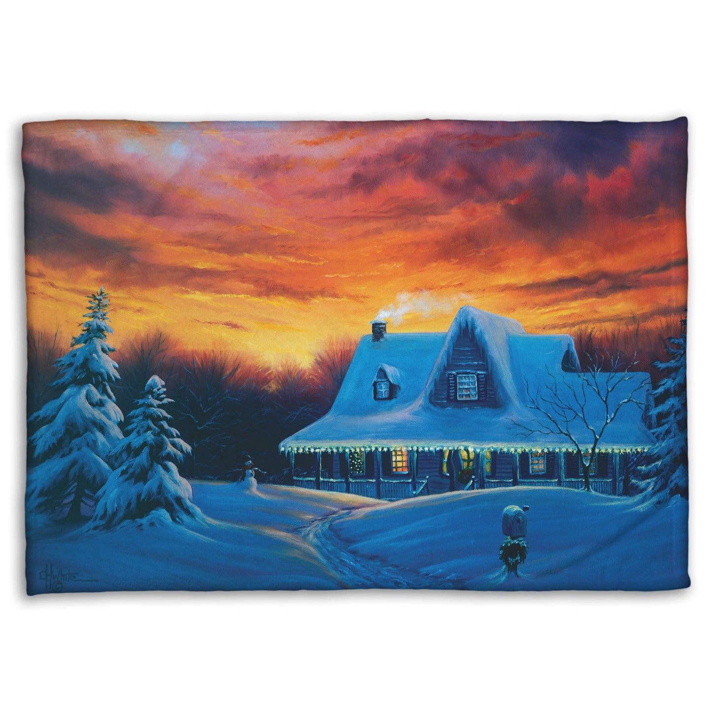 A coral fleece blanket designed with a painting of a house, decorated for Christmas, covered in and surrounded by snow.