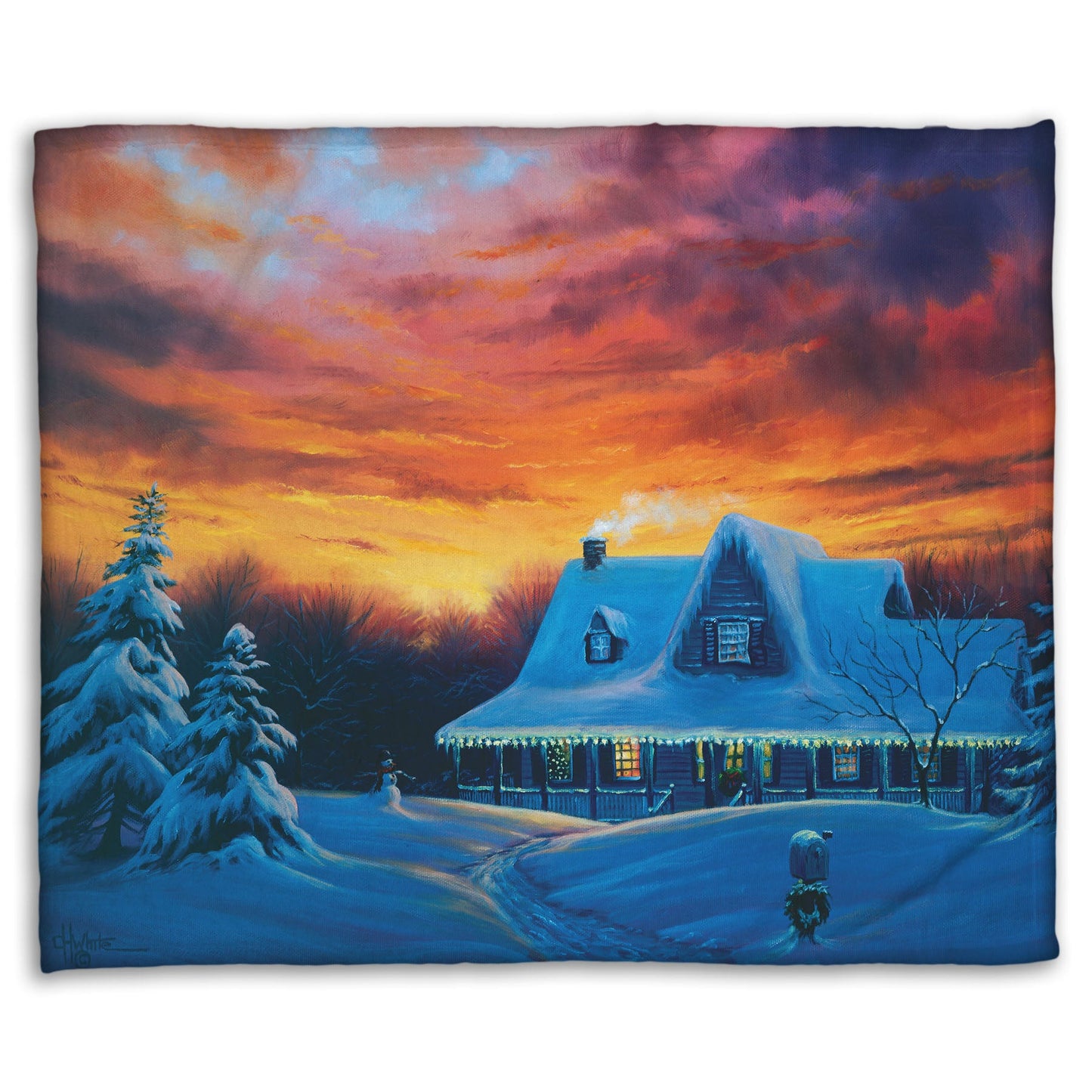 A coral fleece blanket designed with a painting of a house, decorated for Christmas, covered in and surrounded by snow.