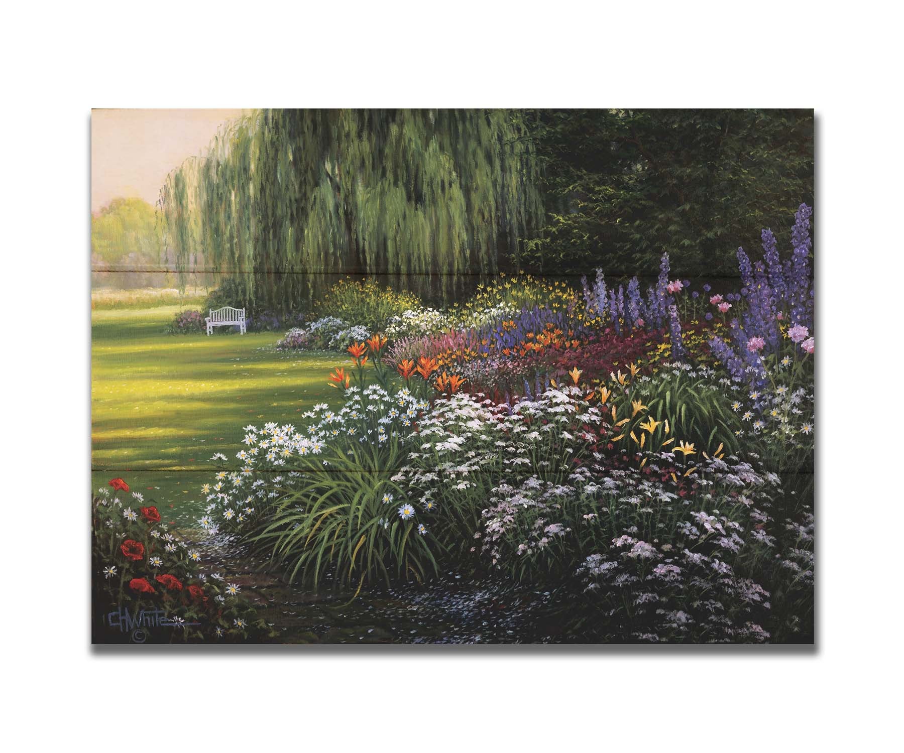 A painting of a garden filled with vibrant flowers, including lilies, carnations, poppies, and lavender. A serene white bench also sits under a weeping willow tree. Printed on a box board.