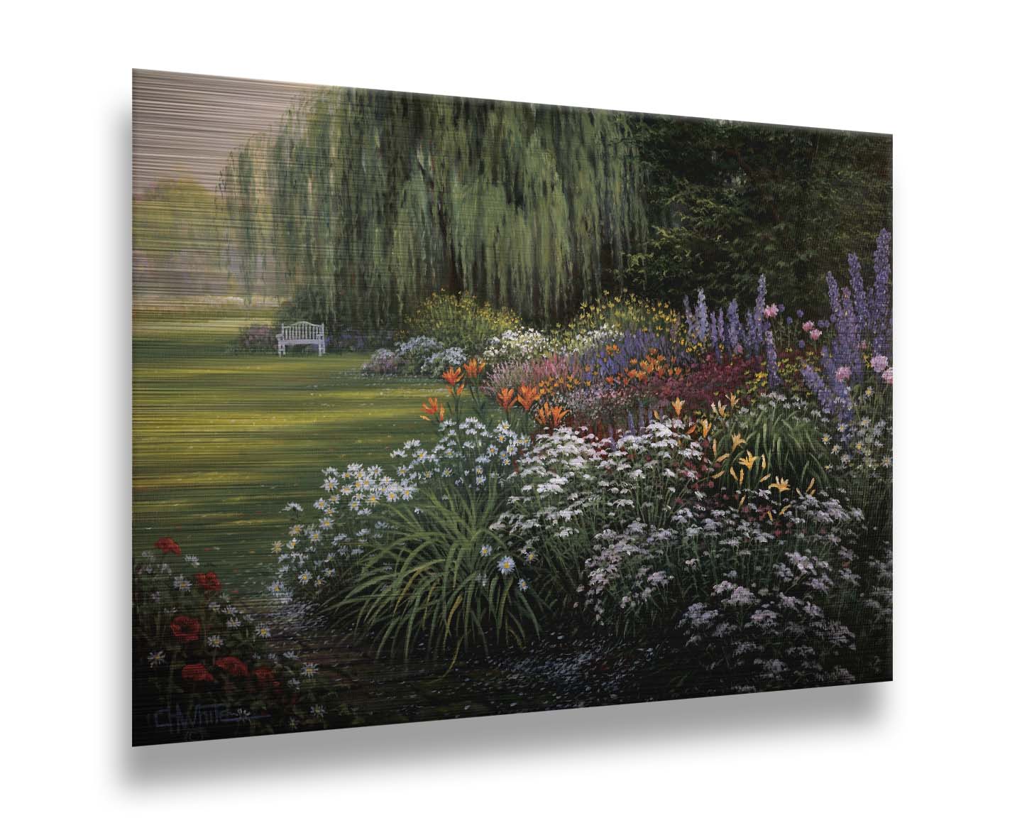 A painting of a garden filled with vibrant flowers, including lilies, carnations, poppies, and lavender. A serene white bench also sits under a weeping willow tree. Printed on metal.