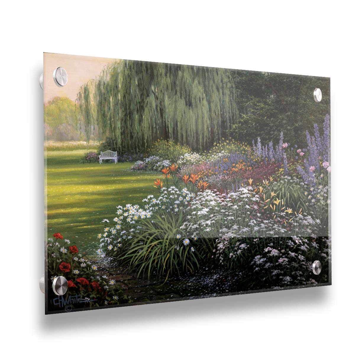 A painting of a garden filled with vibrant flowers, including lilies, carnations, poppies, and lavender. A serene white bench also sits under a weeping willow tree. Printed on acrylic.