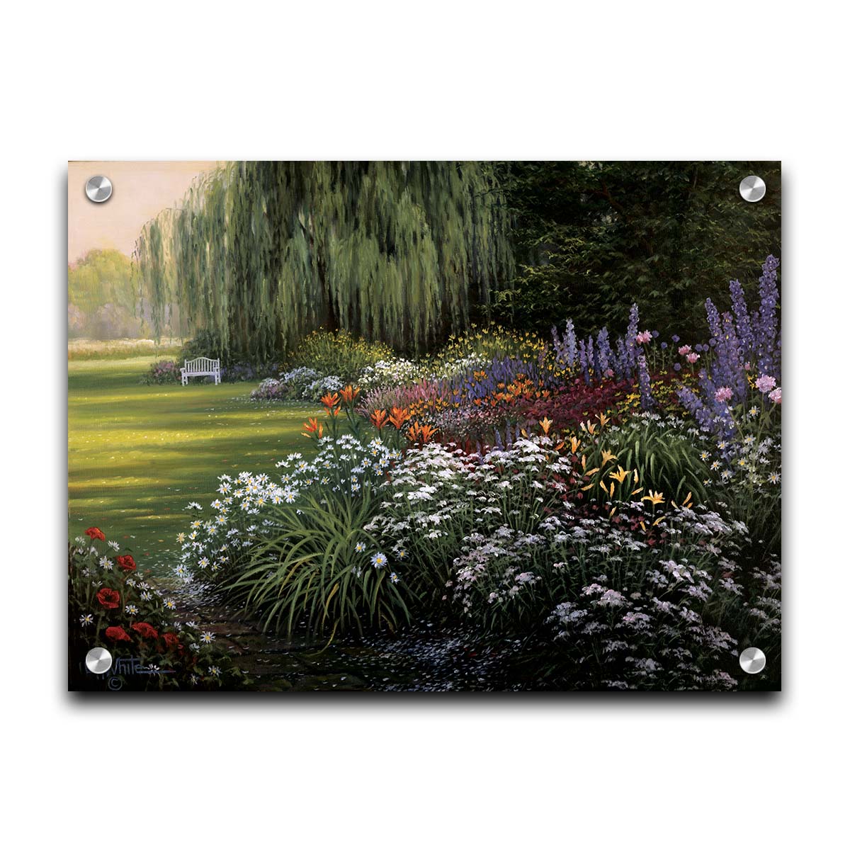 A painting of a garden filled with vibrant flowers, including lilies, carnations, poppies, and lavender. A serene white bench also sits under a weeping willow tree. Printed on acrylic.