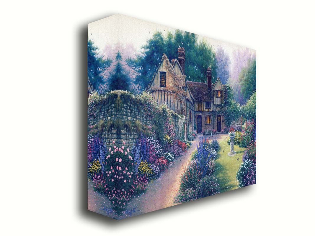 A painting of a cozy brown house surrounded by a vibrant and diverse display of flowers, including pink roses and lavender. Little birds search for seeds within the enchanting garden scene. Printed on canvas.