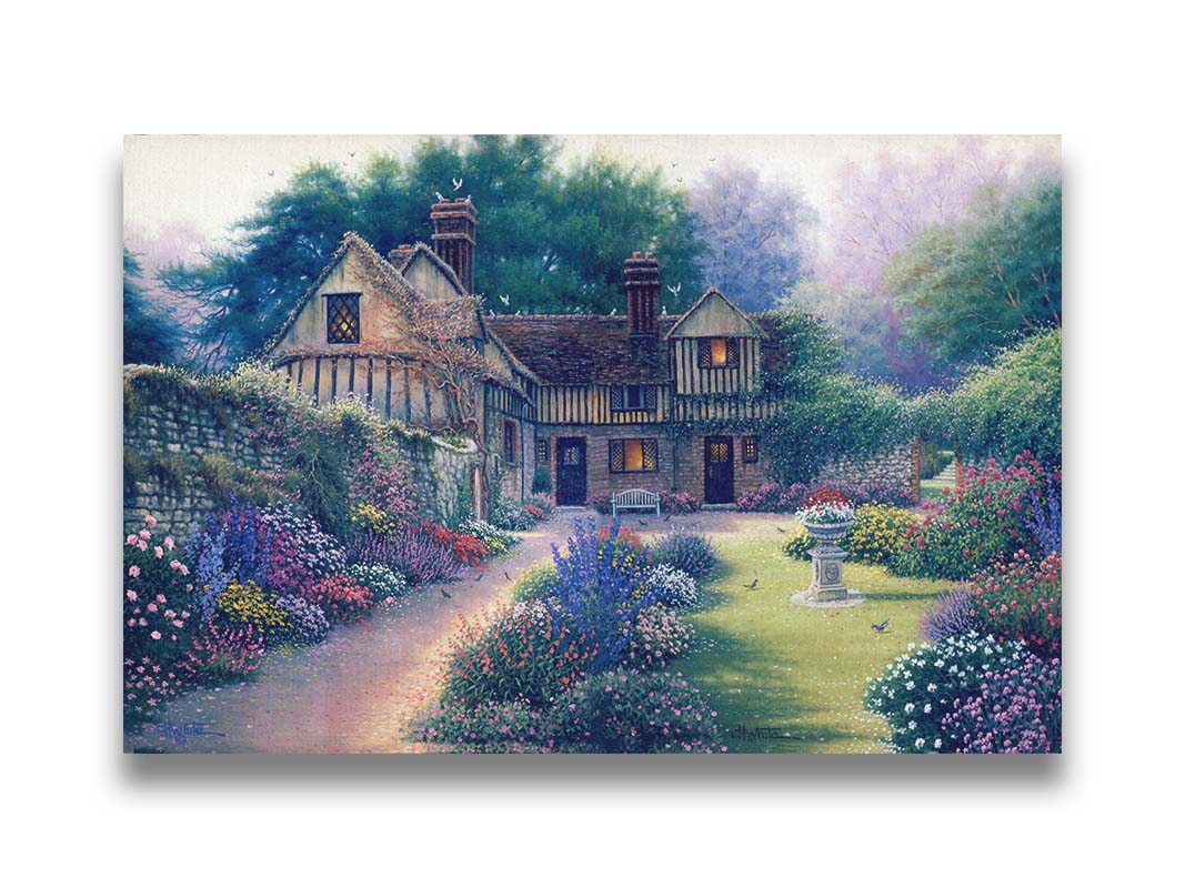 A painting of a cozy brown house surrounded by a vibrant and diverse display of flowers, including pink roses and lavender. Little birds search for seeds within the enchanting garden scene. Printed on canvas.