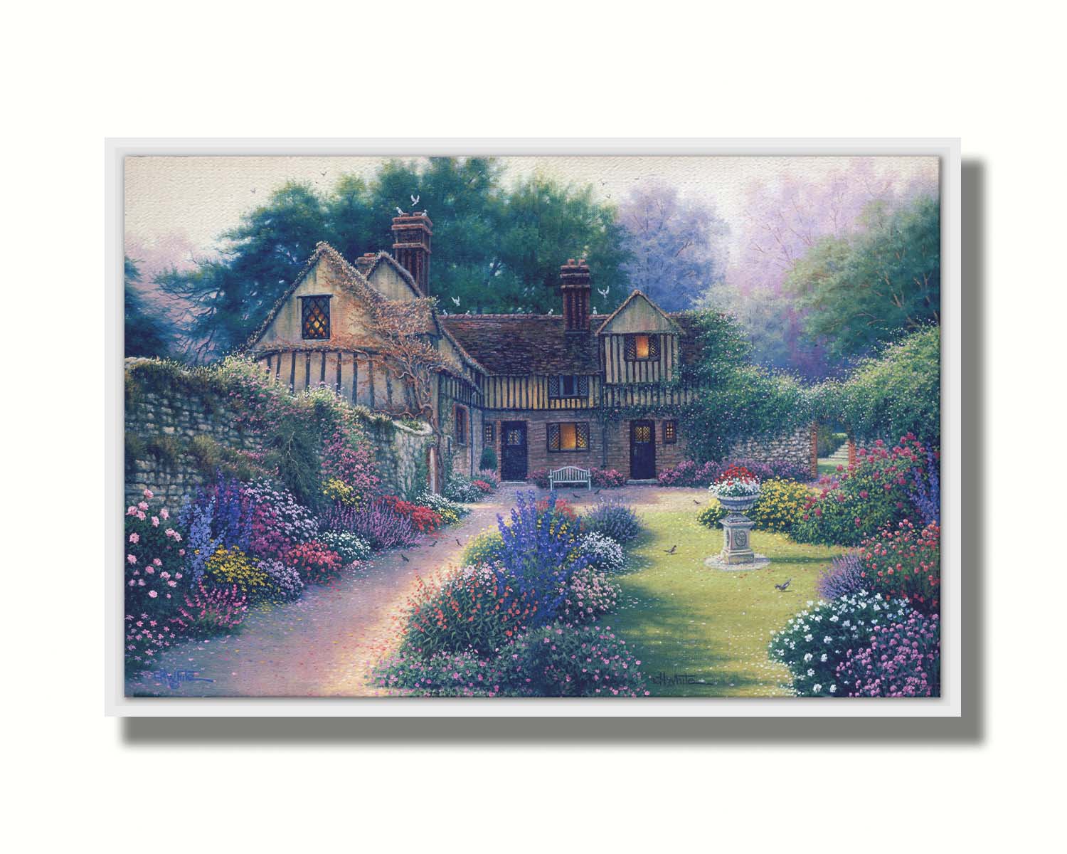 A painting of a cozy brown house surrounded by a vibrant and diverse display of flowers, including pink roses and lavender. Little birds search for seeds within the enchanting garden scene. Printed on canvas in a float frame.