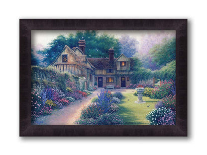 A painting of a cozy brown house surrounded by a vibrant and diverse display of flowers, including pink roses and lavender. Little birds search for seeds within the enchanting garden scene. Printed on canvas and framed.