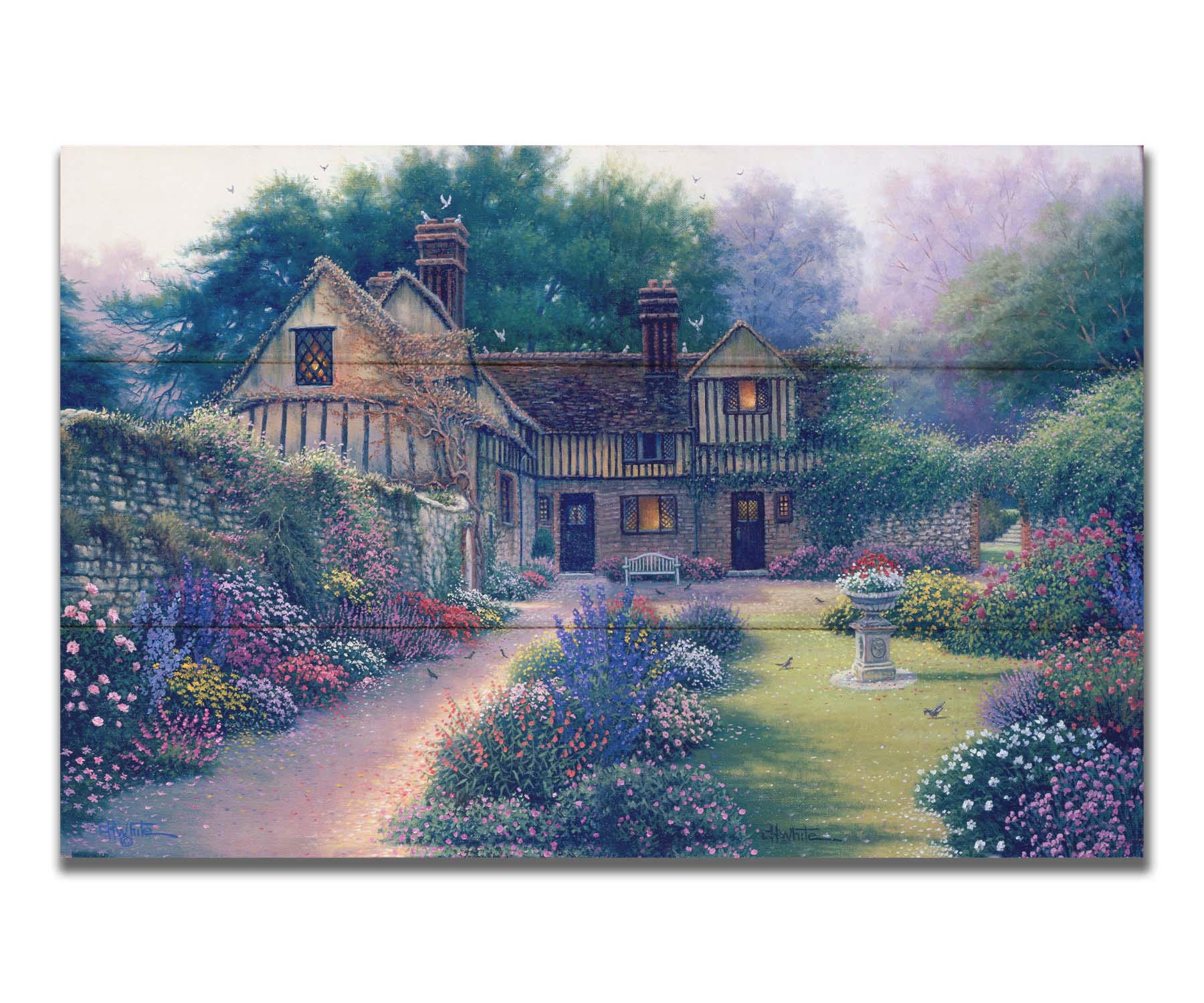 A painting of a cozy brown house surrounded by a vibrant and diverse display of flowers, including pink roses and lavender. Little birds search for seeds within the enchanting garden scene. Printed on a box board.