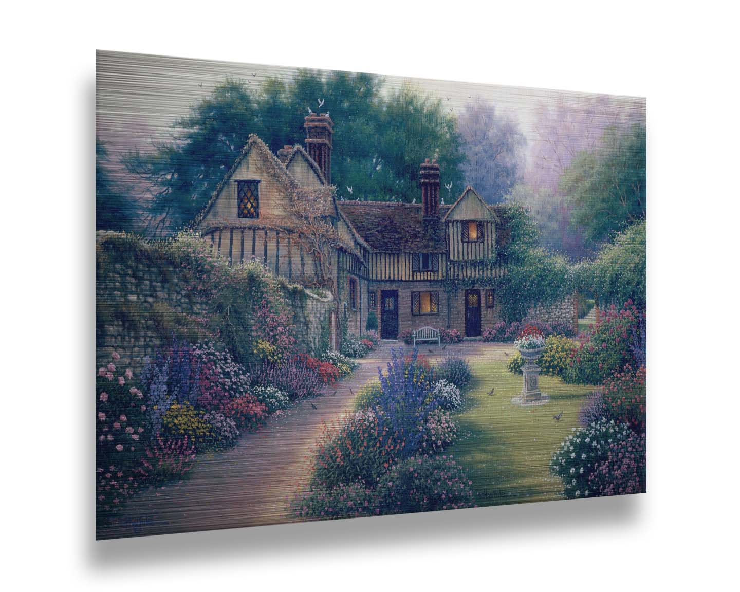 A painting of a cozy brown house surrounded by a vibrant and diverse display of flowers, including pink roses and lavender. Little birds search for seeds within the enchanting garden scene. Printed on metal.