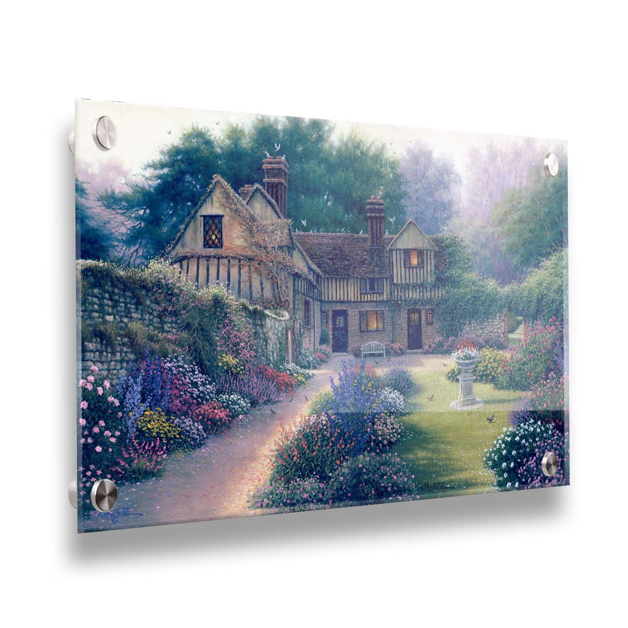 A painting of a cozy brown house surrounded by a vibrant and diverse display of flowers, including pink roses and lavender. Little birds search for seeds within the enchanting garden scene. Printed on acrylic.